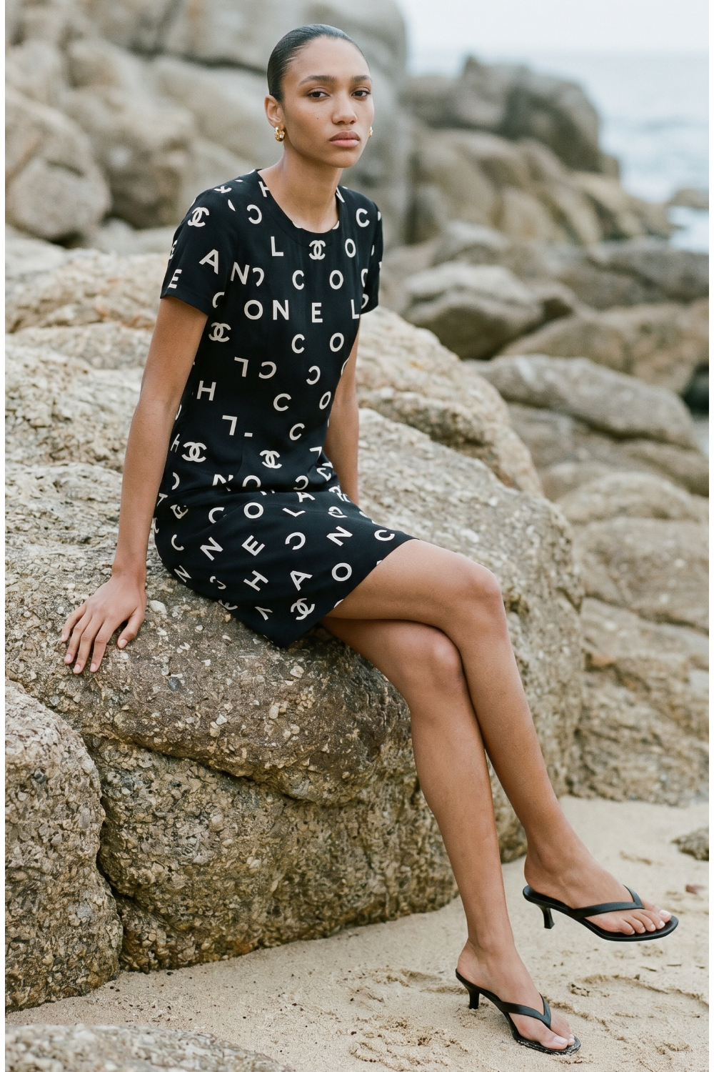CHANEL Rare Collector 1997 Spring COCO Alphabet Silk dress size 44