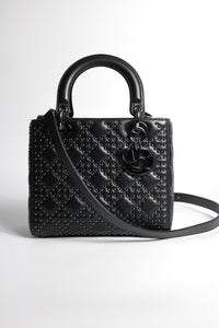 CHRISTIAN DIOR Black Medium Limited Edition Lucky Star Studded with Ruthenium Hardware Handbag