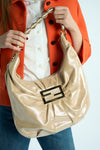 FENDI Mia Hobo Champagne Gold Shimmery Suede Leather Handbag Pristine