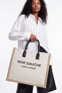 SAINT LAURENT Rive Gauche Natural Cream Canvas and Black Leather Vertical Tote Handbag RRP: €1550