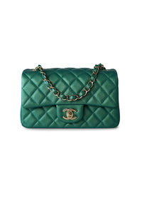 CHANEL 22A Rare Mini Emerald Green Iridescent Leather with Light Gold Hardware Handbag- FULL SET (box,dust bag)