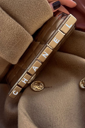 CHANEL Rare Limited Edition Metal Gold Keyboard Logo Letters clutch bag with box