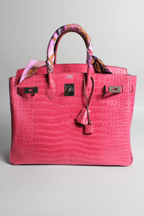 HERMES Birkin 35cm Fushia Shiny Crocodile Porosus Palladium Hardware Full set with CITES - POA*