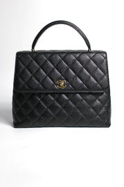 CHANEL Rare Collectible Black Caviar Leather with Gold Hardware "Kelly" Top Handle Handbag