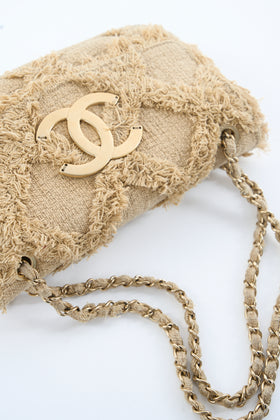 CHANEL Rare Collector Runway Spring 09/10 Small Natural Canvas Woven Fringe with Brushed Gold Hardware Handbag
