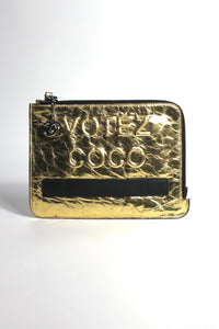 CHANEL " VOTEZ COCO" Limited Edition Gold Aged Calfskin zippered Clutch with CC charm