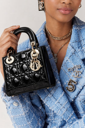 CHRISTIAN DIOR Mini Lady DIOR Black Patent Leather with Gold Hardware and detachable strap RRP:€4700