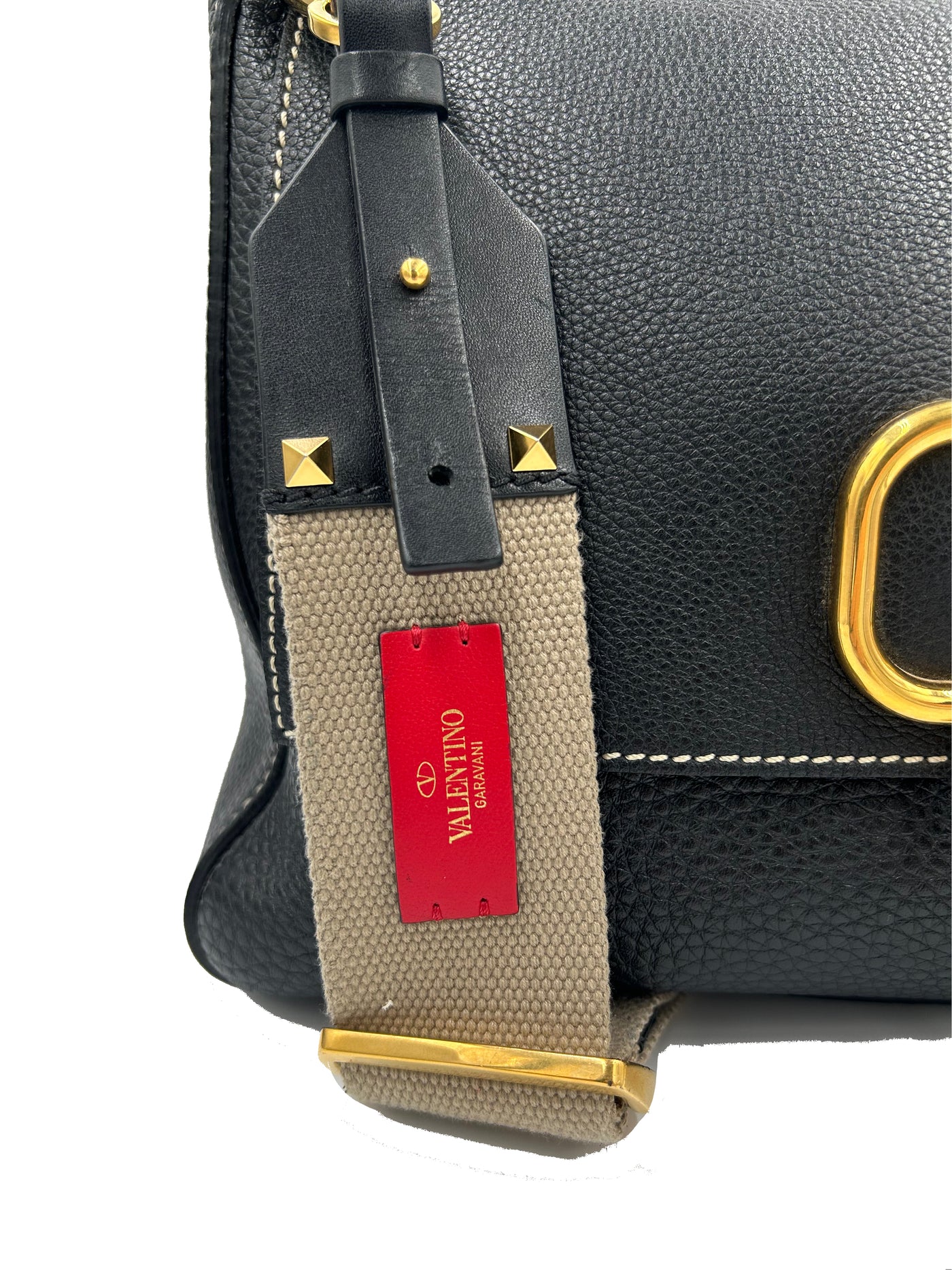 VALENTINO grain leather and canvas strap gold V signature bag