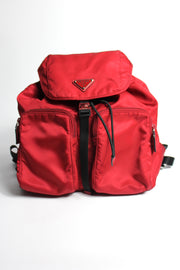 PRADA Red Tessuto Re-Nylon Triangle Logo Plaque with Saffiano Leather Small Backpack