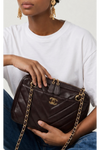 CHANEL Vintage Chocolate Brown Chevron Leather with Gold Hardware Small Bowling Handbag