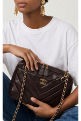 CHANEL Vintage Chocolate Brown Chevron Leather with Gold Hardware Small Bowling Handbag