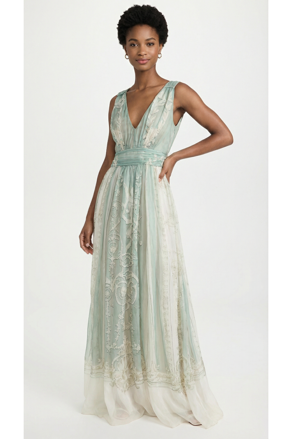 ALBERTA FERRETTI Silk Gown Sage Green Empire Neckline Limited edition U & Moi ALBERTA FERRETTI Silk Gown Sage Green Empire Neckline Limited edition U & Moi