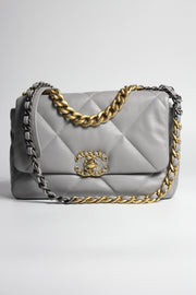 CHANEL Small 19 light grey lambskin leather with gold, ruthenium and silver hardware with box