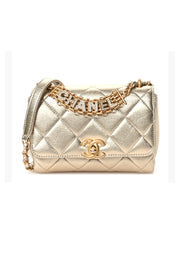 CHANEL 2022 Spring Colletion Gold Metallic Lambskin Quilted Mini CC Crystal Logo Chain Flap Bag
