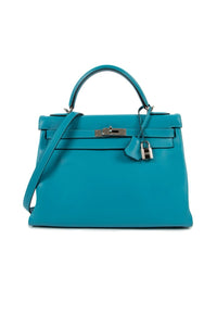 HERMES Kelly 32cm turquoise swift leather palladium hardware