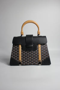 GOYARD Rare Saigon Black Smooth Leather Goyardine with Wooden Top Handle Handbag
