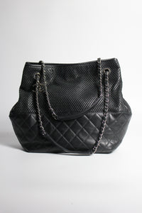 CHANEL Up in the Air North South Perforated Calfskin Leather Tote Handbag with Silver Hardware and CC Medaillon