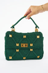 VALENTINO Green Crochet Lurex Roman Matte gold Textured Rockstud Handbag