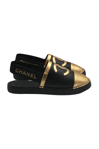 CHANEL 2019 black and gold sling back espadrilles size 40 new full set