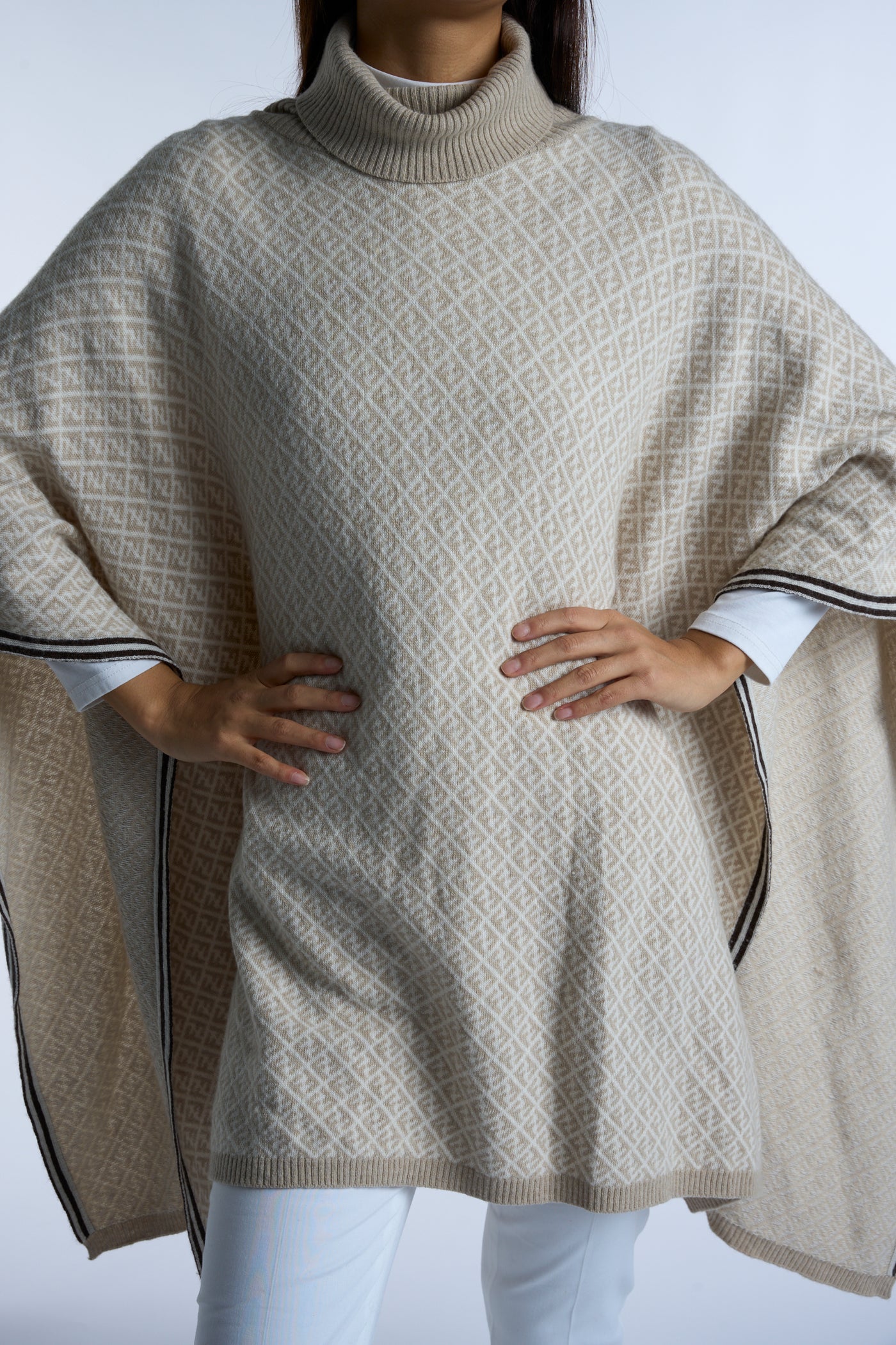 FENDI FF zucca print beige and cream wool cashmere roll neck poncho