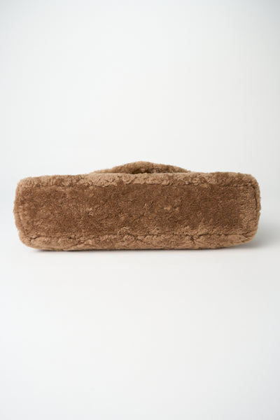 SAINT LAURENT beige shearling "Sade" YSL logo plaque large envelope clutch