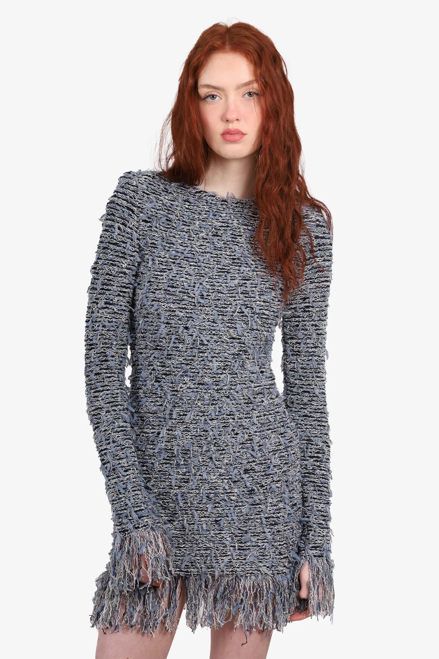 BALMAIN blue fringes mini dress with gold lion head buttons size 36