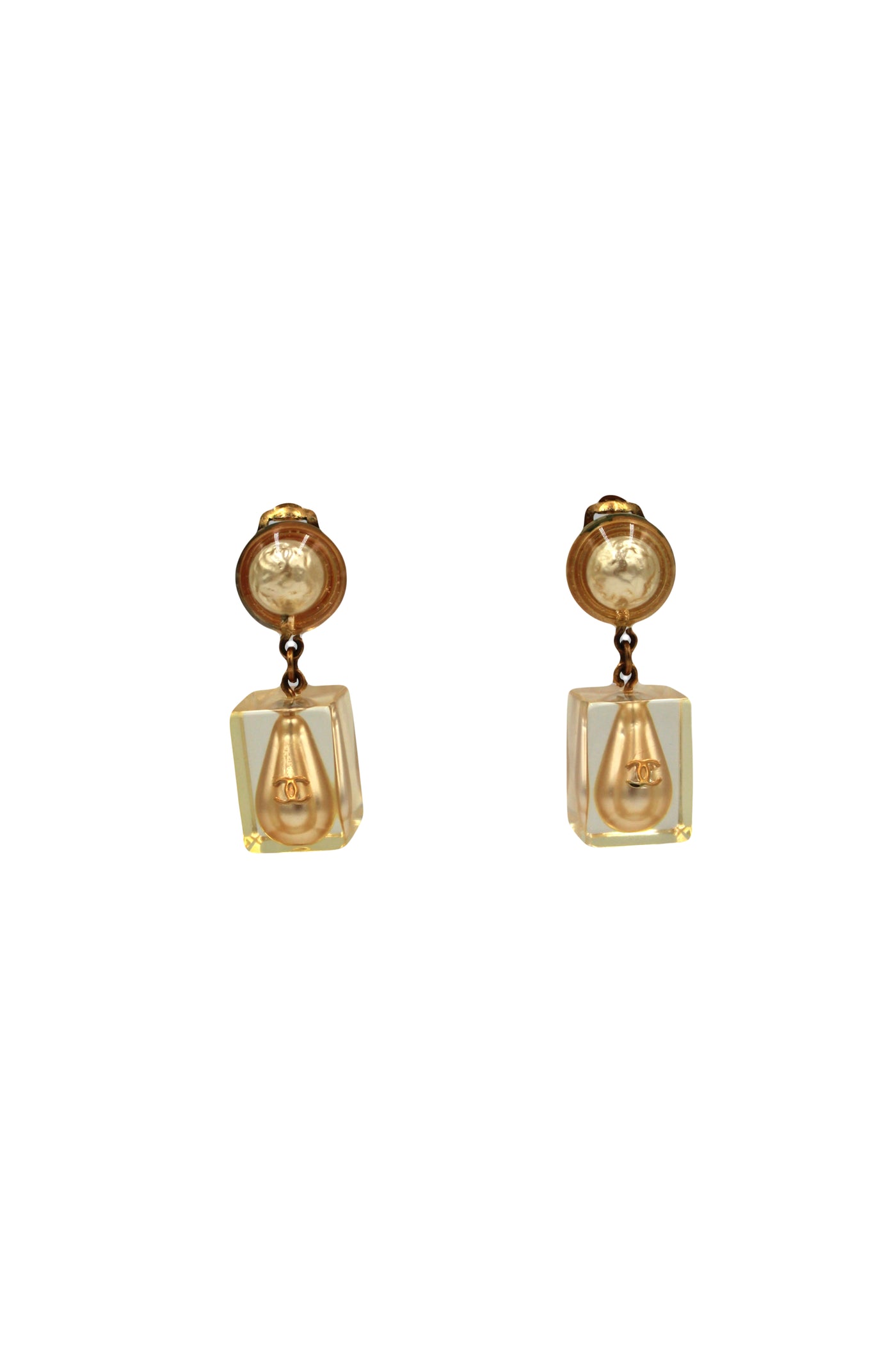 CHANEL lucite CC pearls drop clip on earrings vintage 1997