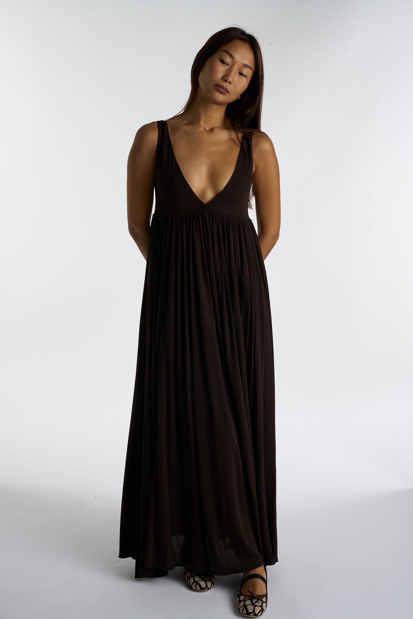 KHAITE brown crepe V-neck dress