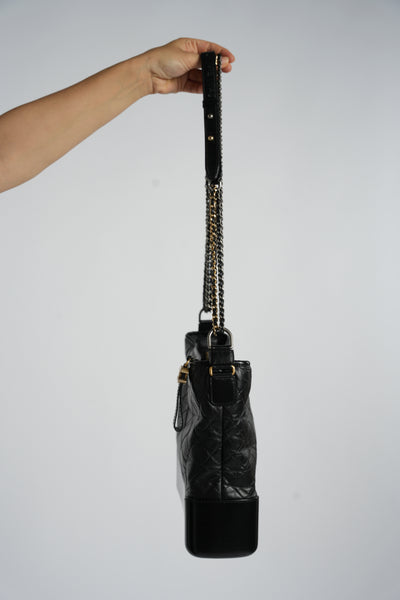 CHANEL Gabrielle black calfskin leather handbag with ruthenium ,silver and gold hardware