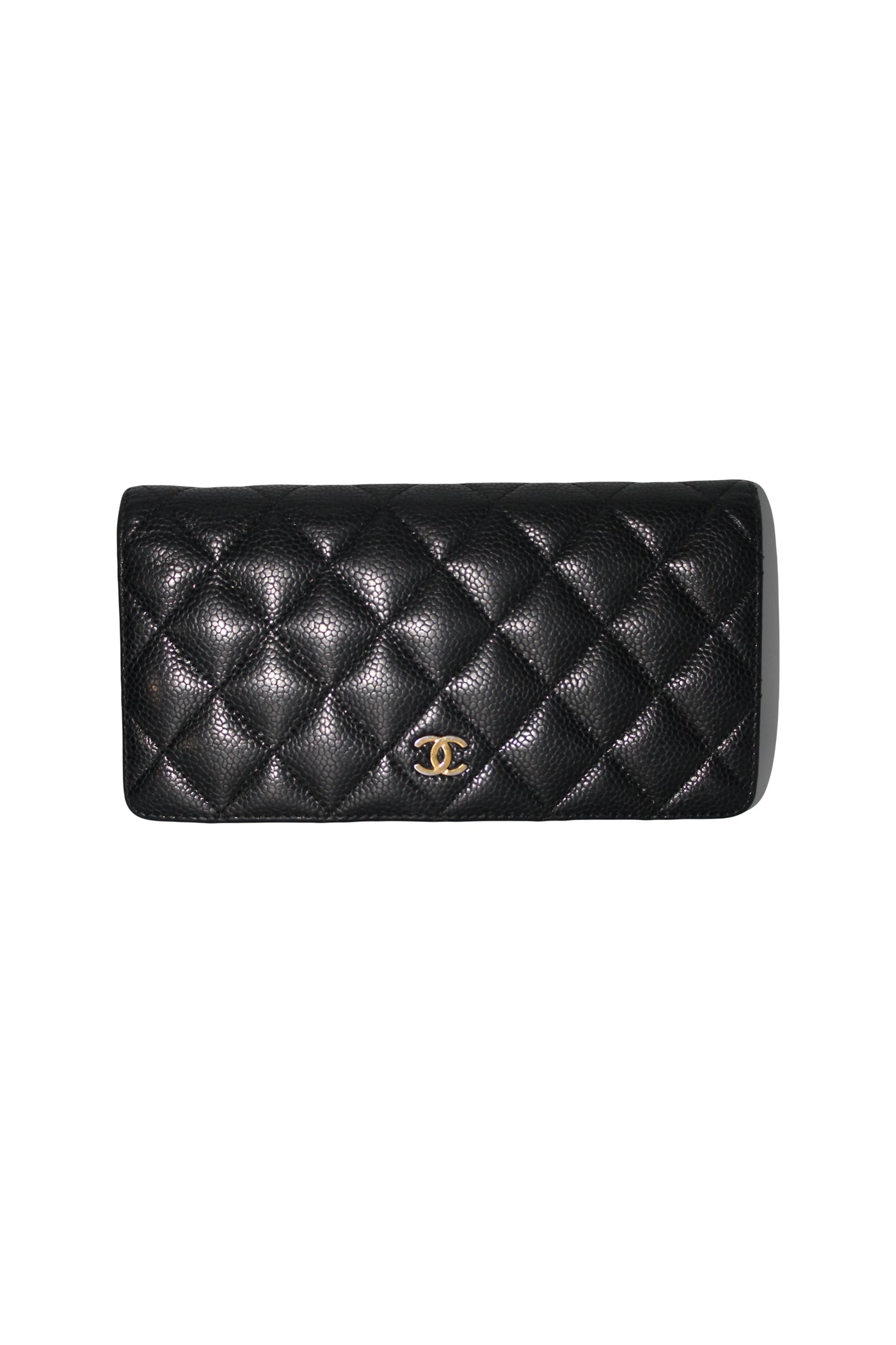 CHANEL long flap wallet black caviar leather with gold cc