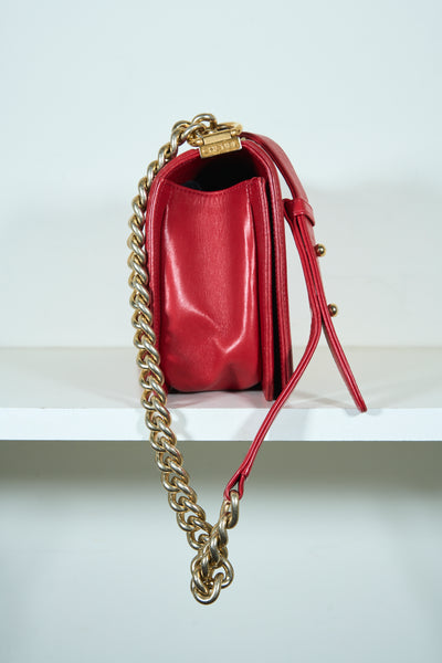 CHANEL red medium boy handbag with gold hardware