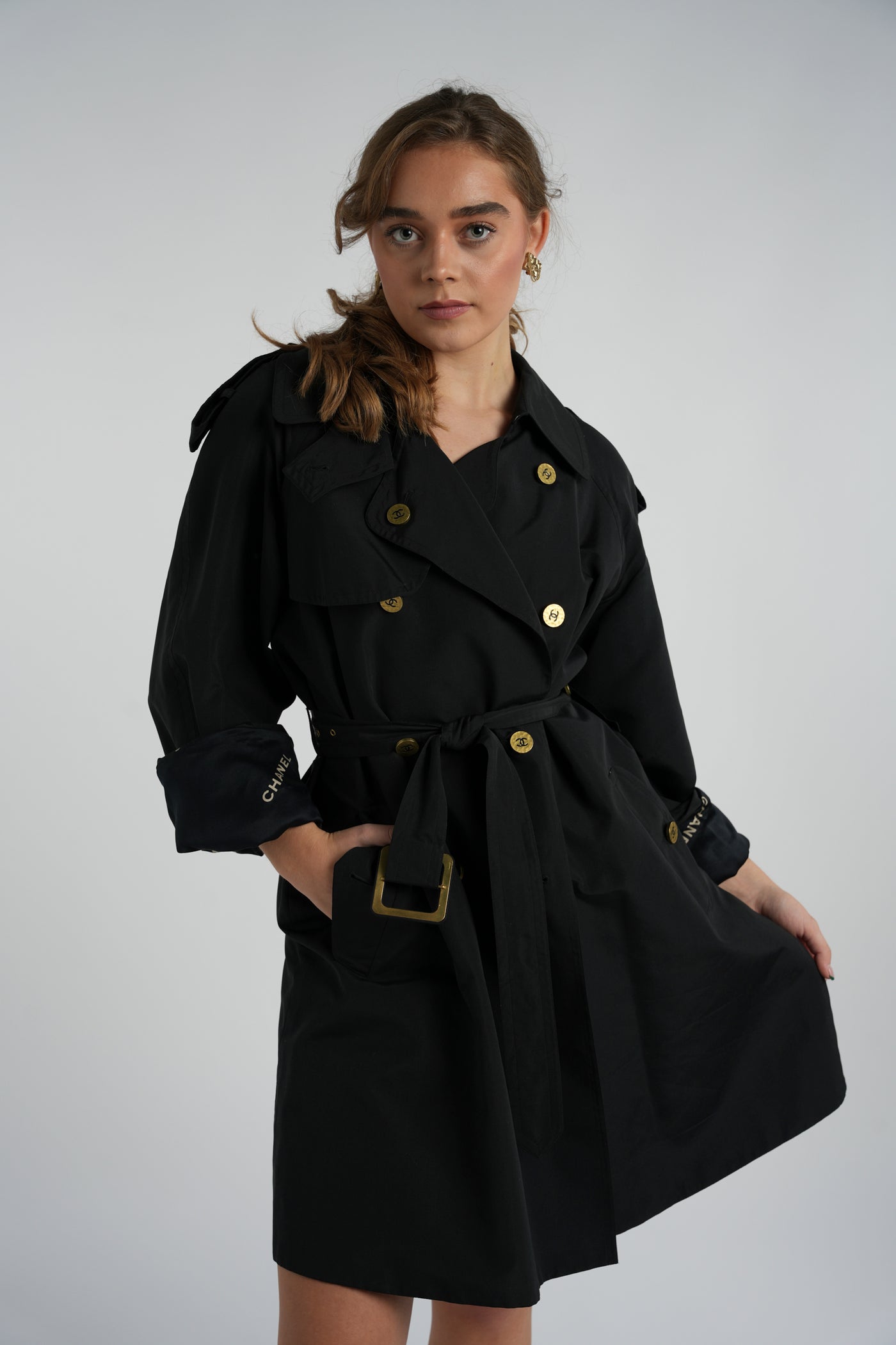 CHANEL collector's black trench with lettering lining vintage 1994