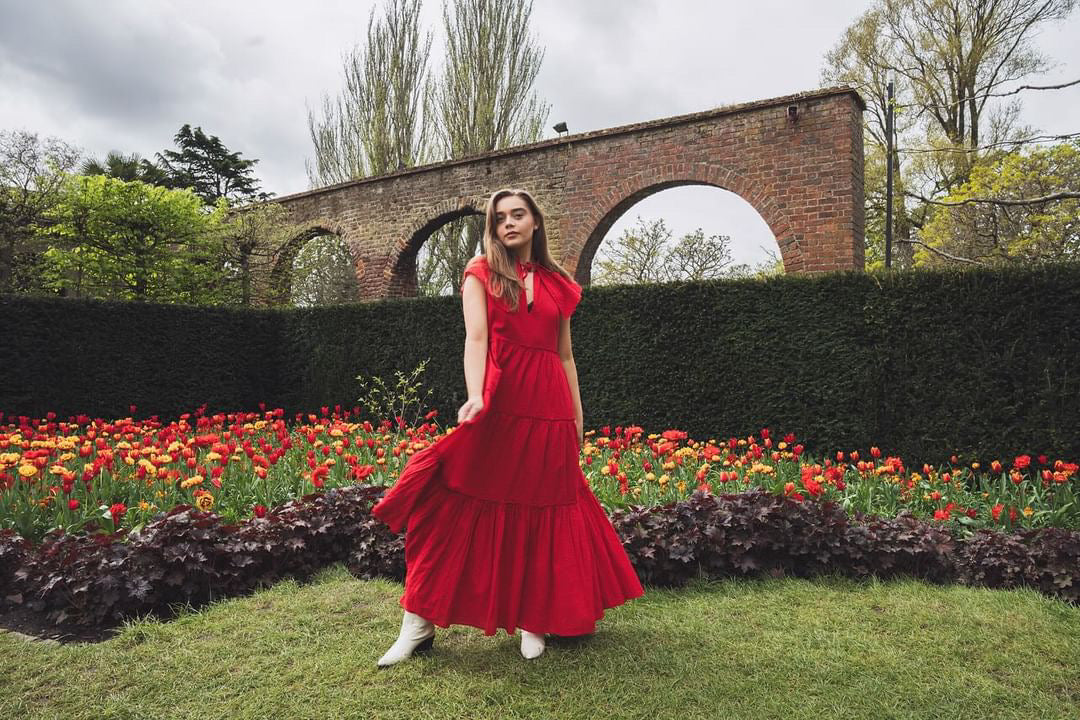 WIGGY KIT red ruffled maxi dress size M RRP approx. : £385