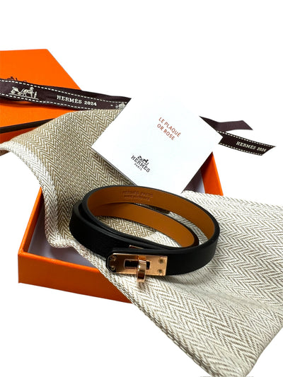HERMES Kelly Double Tour bracelet Swift Noir Rose Gold Unworn with box