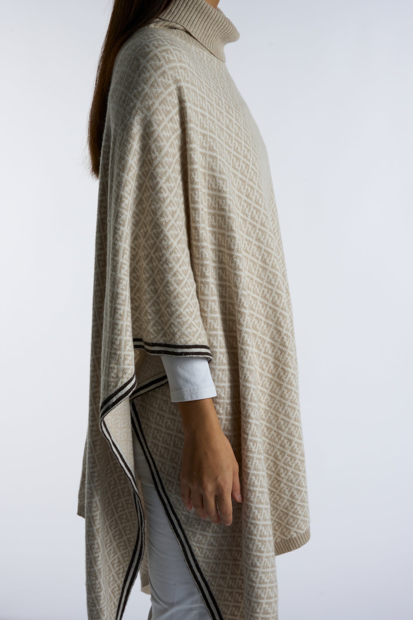 FENDI FF zucca print beige and cream wool cashmere roll neck poncho