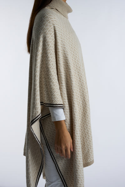 FENDI FF zucca print beige and cream wool cashmere roll neck poncho