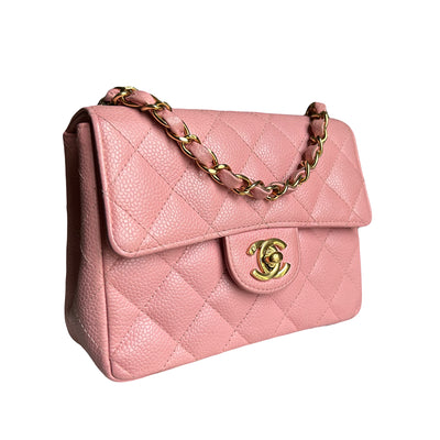 CHANEL rare mini square pink caviar with gold hardware collector piece