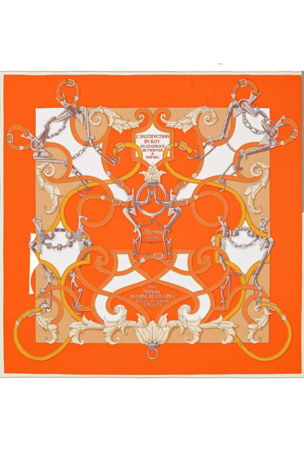 HERMES "l'instruction du roy en lexcercice de monter a cheval" by H. D'Origny orange silk 140 x 140 cm