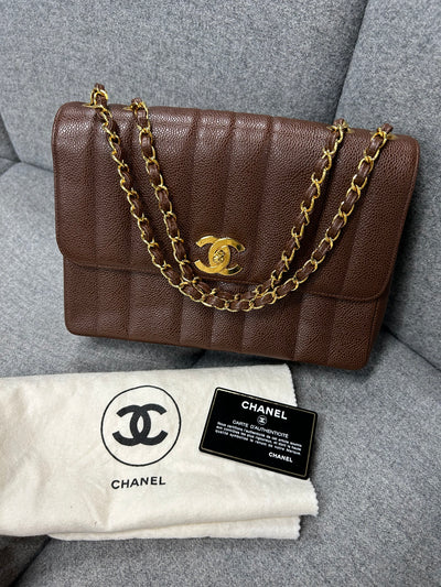 CHANEL mademoiselle vertical caviar brown 24ct gold hardware handbag