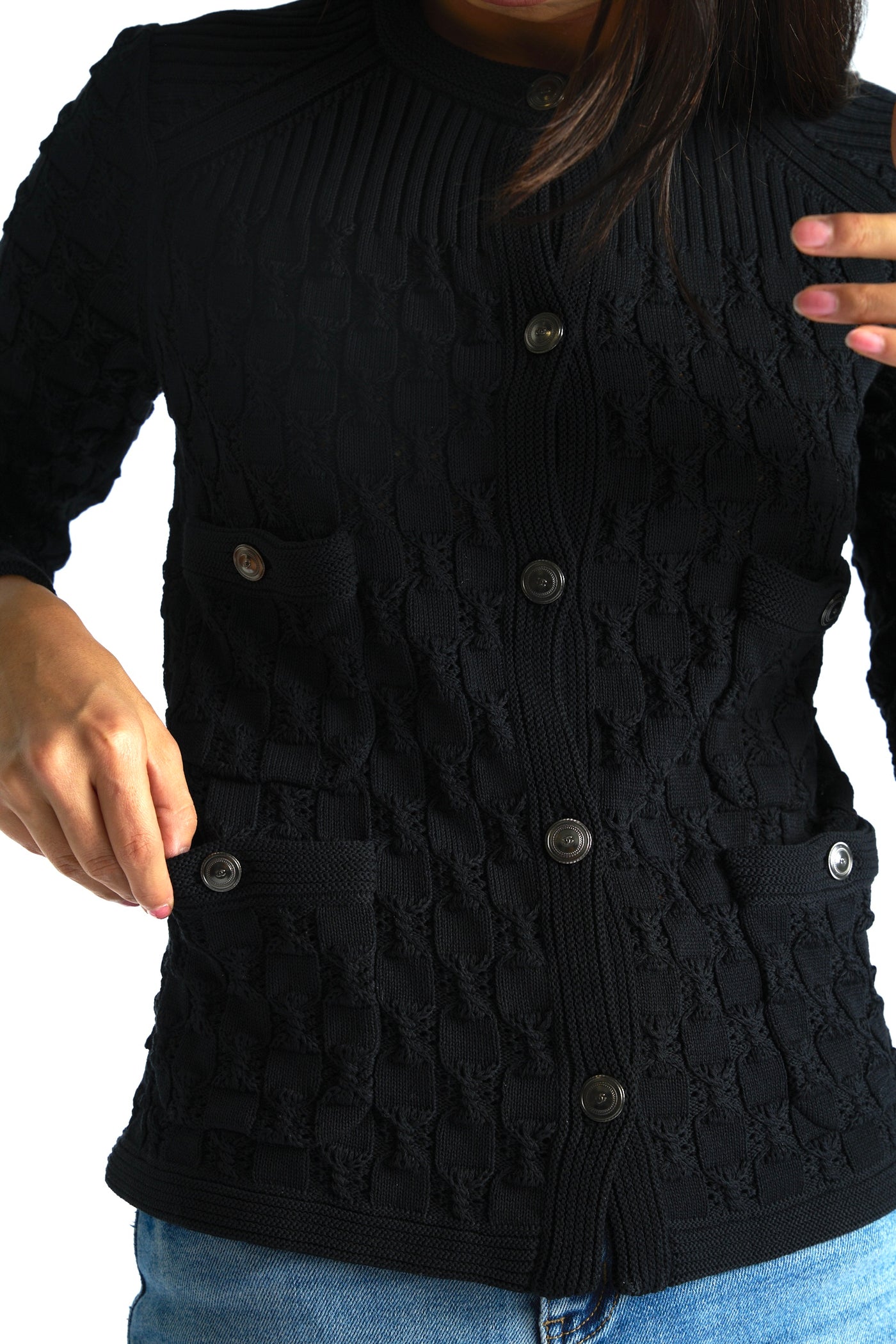 CHANEL black cotton knitted cardigan with CC buttons size small