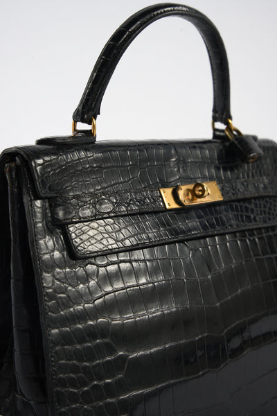 HERMES Kelly 32cm black shiny porosus crocodile ghw 1970's