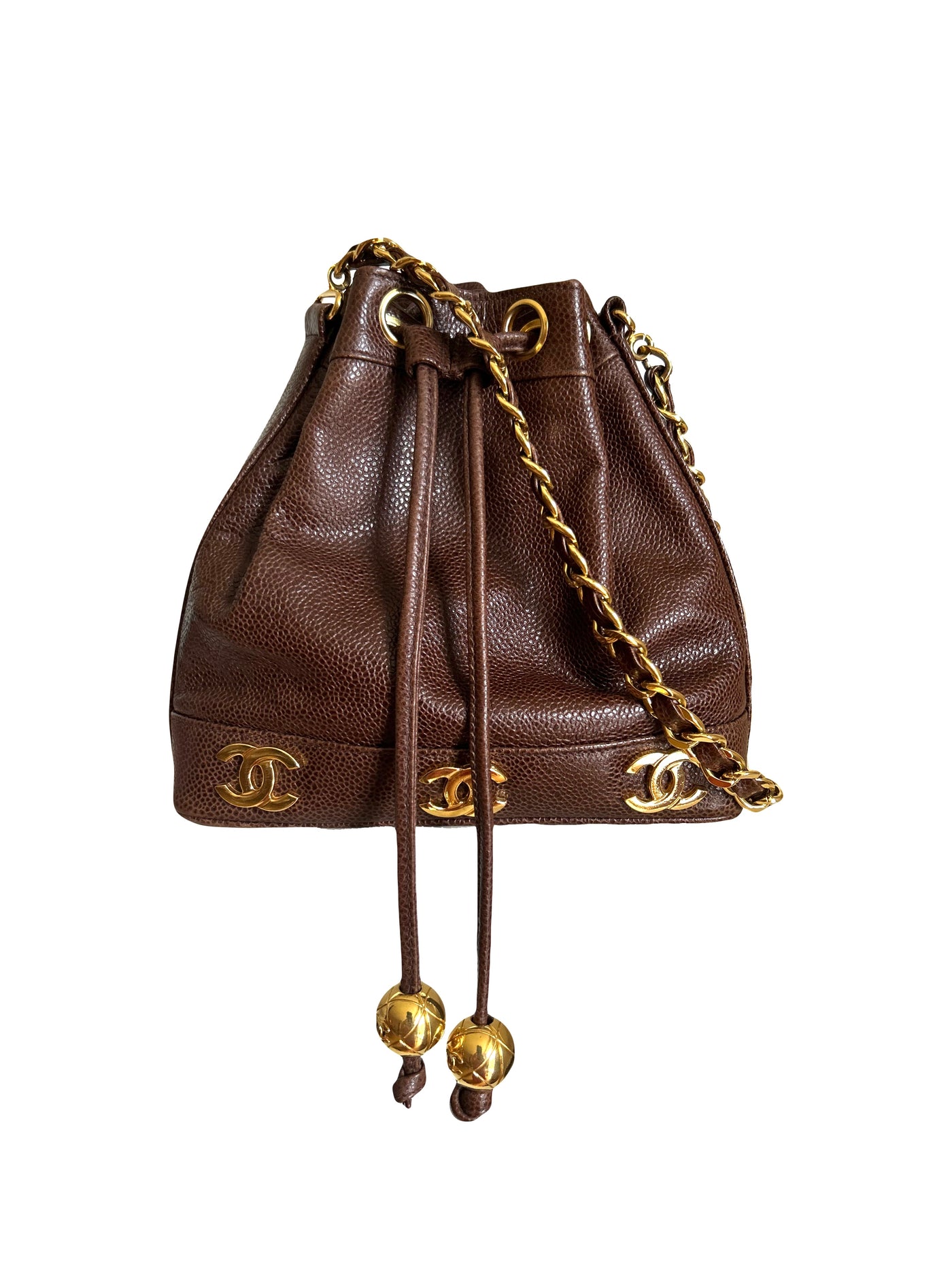 CHANEL brown caviar drawstring bucket bag 24ct gold hardware vintage