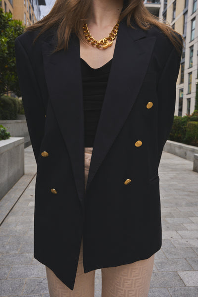 YSL navy double breasted blazer with gold "ysl" buttons