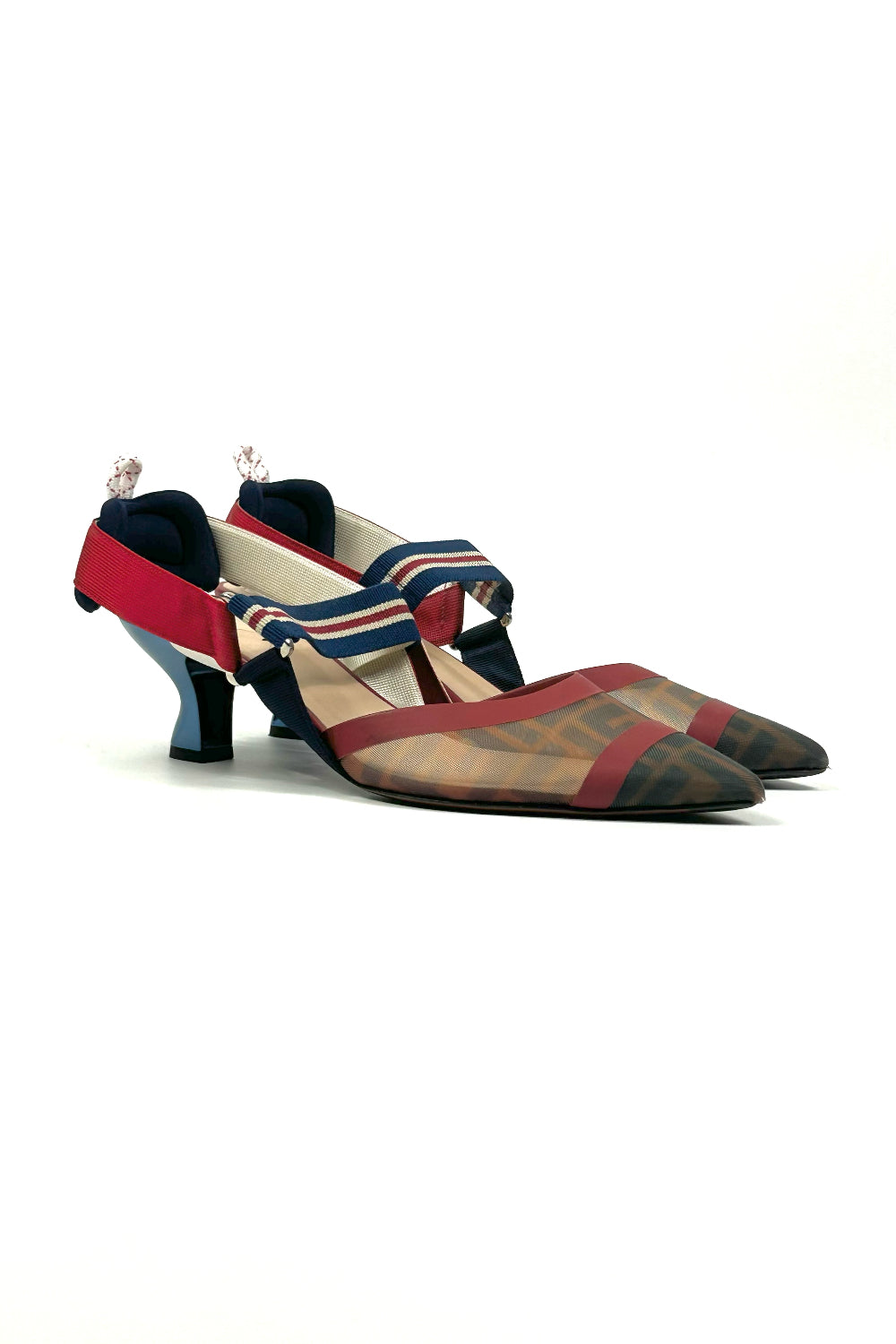 FENDI Mesh FF Logo Zucca Print Navy and Red Pointed Kitten Heels Size 41
