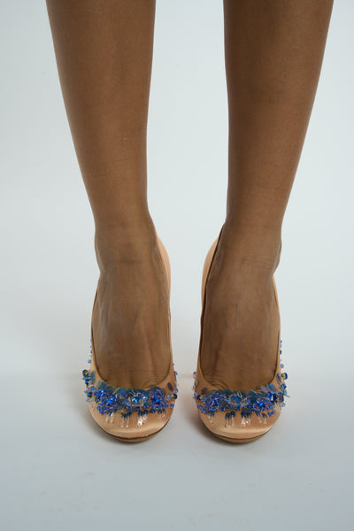 MIU MIU pink satin heels with blue beads size 38