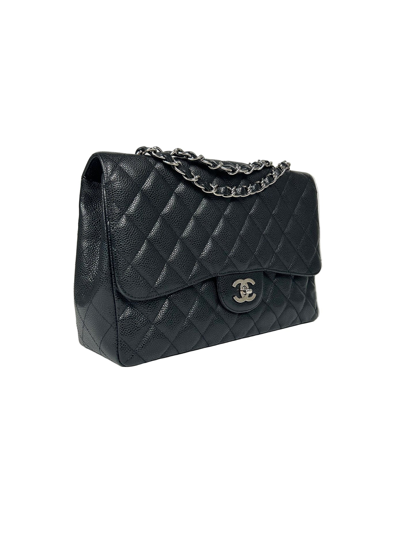 CHANEL Jumbo Single Flap Black Caviar With Silver Hardware Handbag