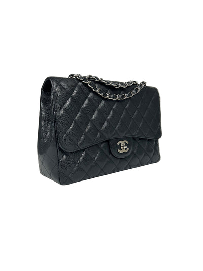 CHANEL Jumbo Single Flap Black Caviar With Silver Hardware Handbag