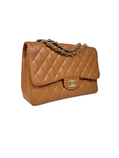 CHANEL Rare Vintage Jumbo Single Flap Caramel Caviar Leather With 24ct Gold Plated Hardware Handbag
