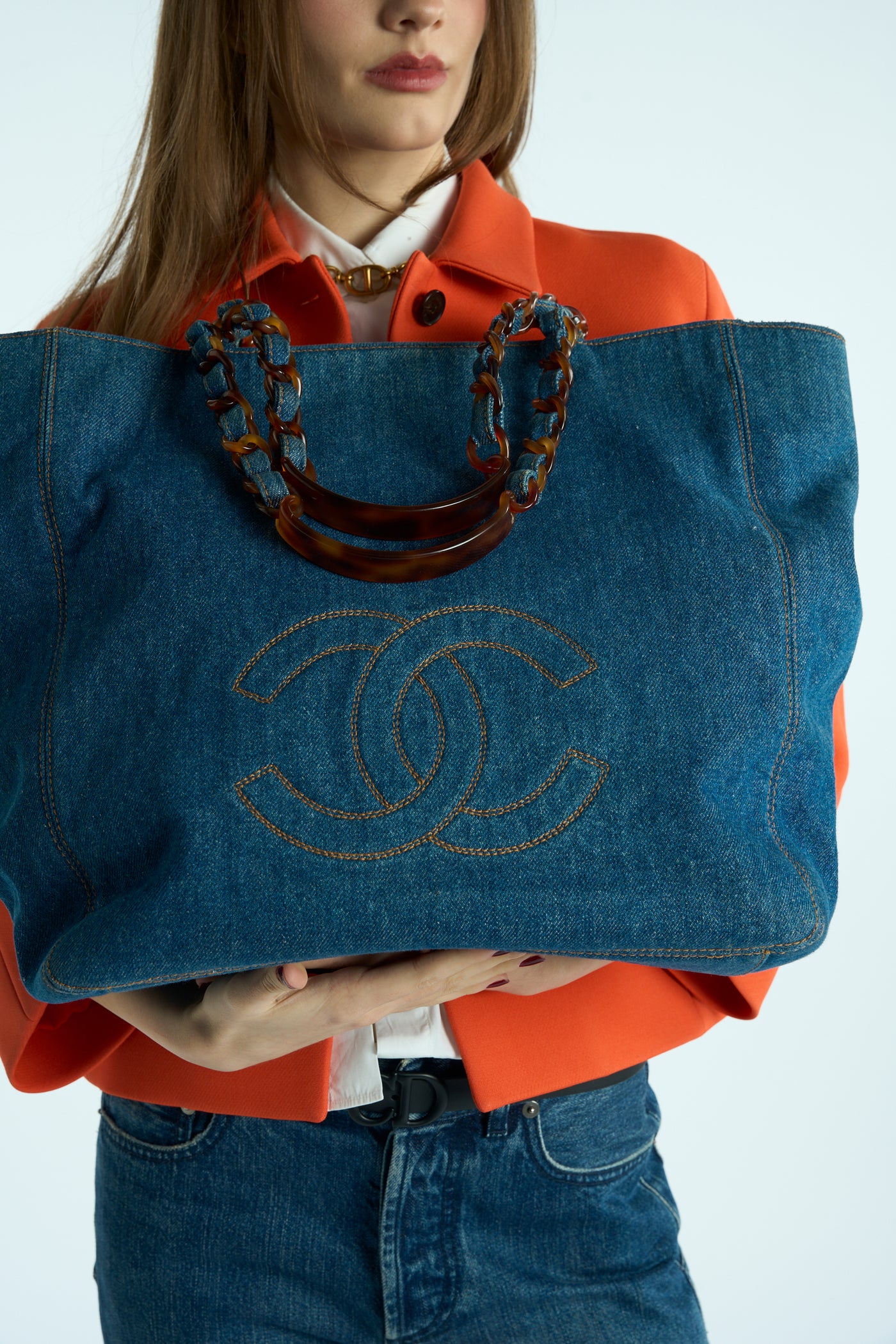 CHANEL rare large blue denim tortoiseshell bakelite tote handbag