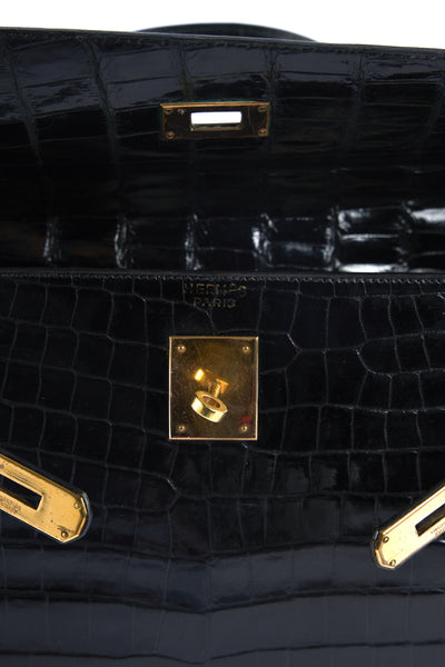 HERMES Kelly 32cm black shiny porosus crocodile ghw 1970's